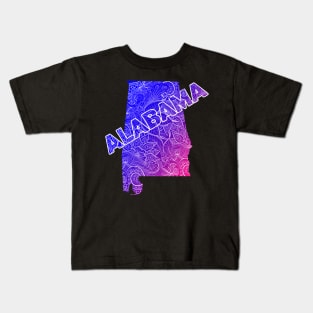 Colorful mandala art map of Alabama with text in blue and violet Kids T-Shirt